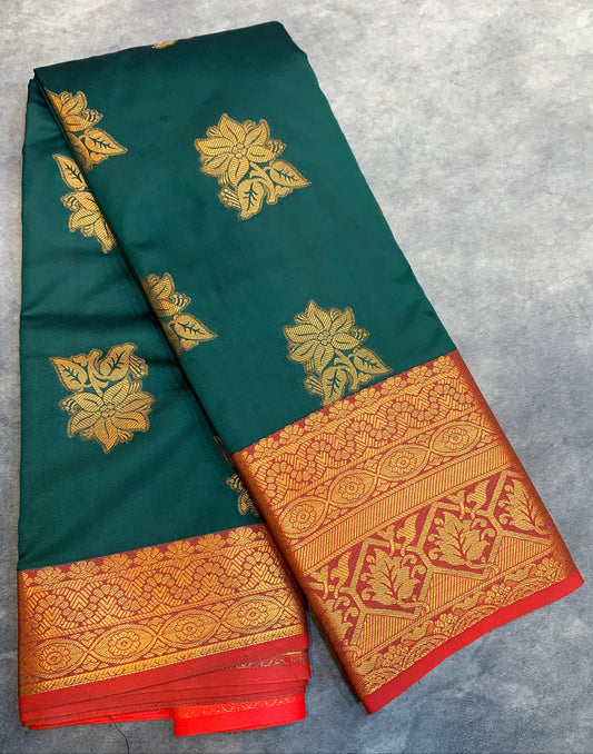 Soft Silk Casual Saree Green Colour with Red and Golden Colour Border
