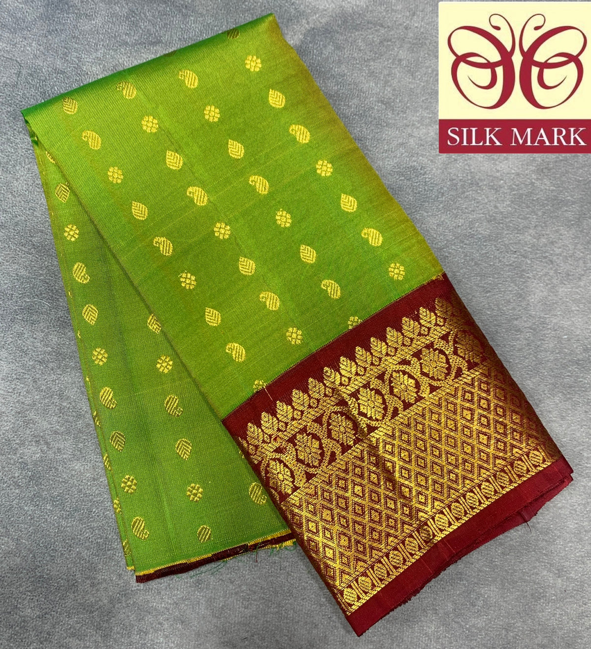 Lime Green Shade Pure Kanchipuram Kids Pattu Pavadai with Contrast Border for Newborn to 2 Years