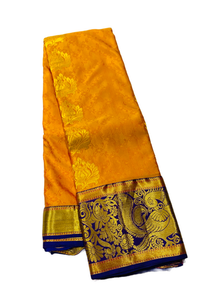 Vegan Silk Saree Yellow Shade with Blue Border