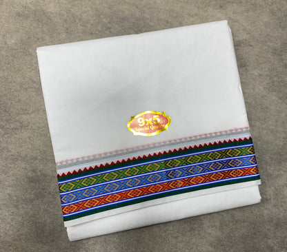 9X5 Cotton Dhoti White Colour with Blue and Green, Red Border with Angavastarm