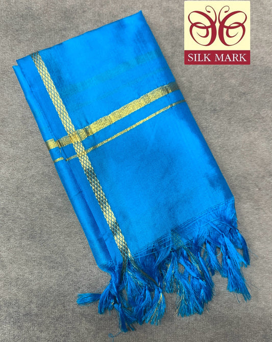 2 Mulam Silk Pooja Towel Sky Blue Colour