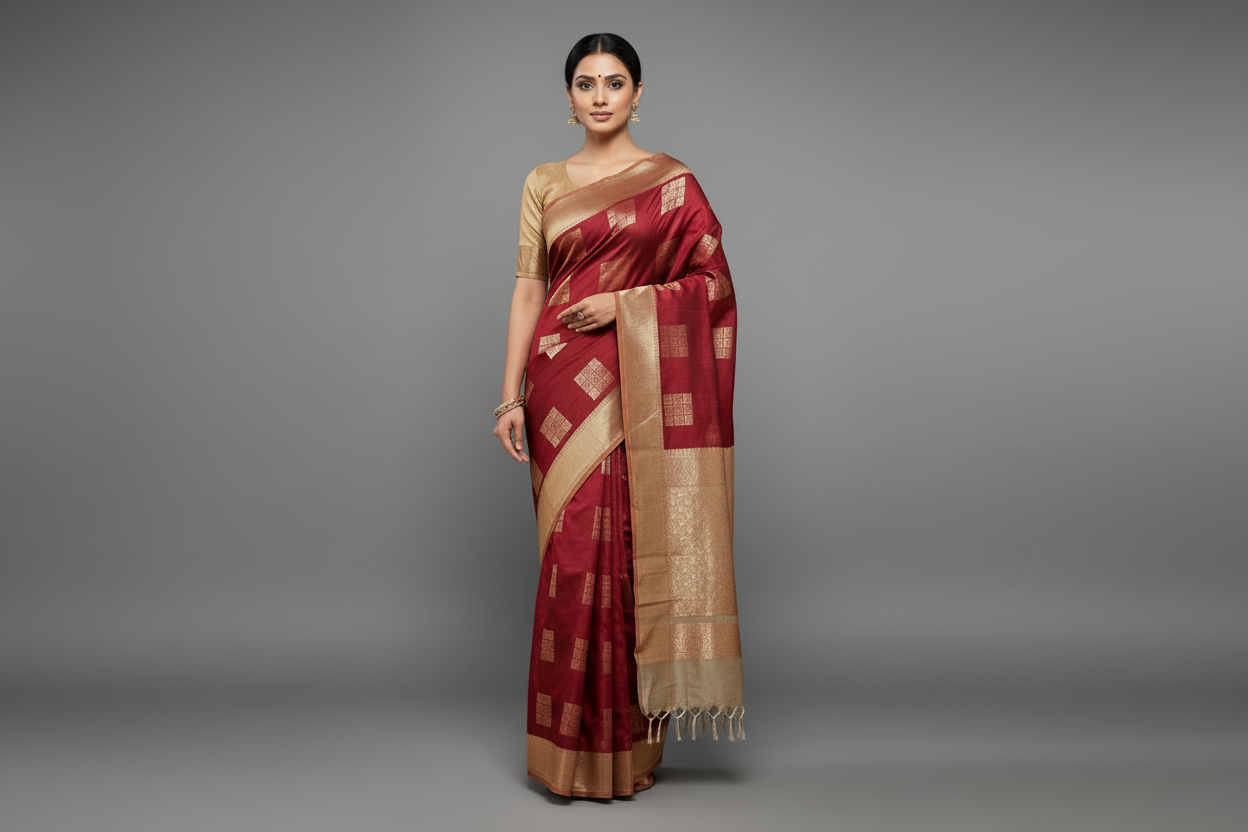 Maroon Shade Silk Cotton Saree with Tussar Colour Border