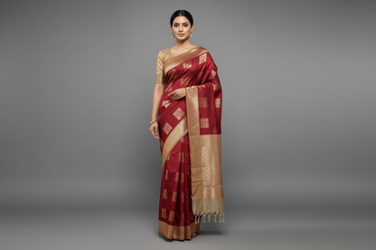 Maroon Shade Silk Cotton Saree with Tussar Colour Border