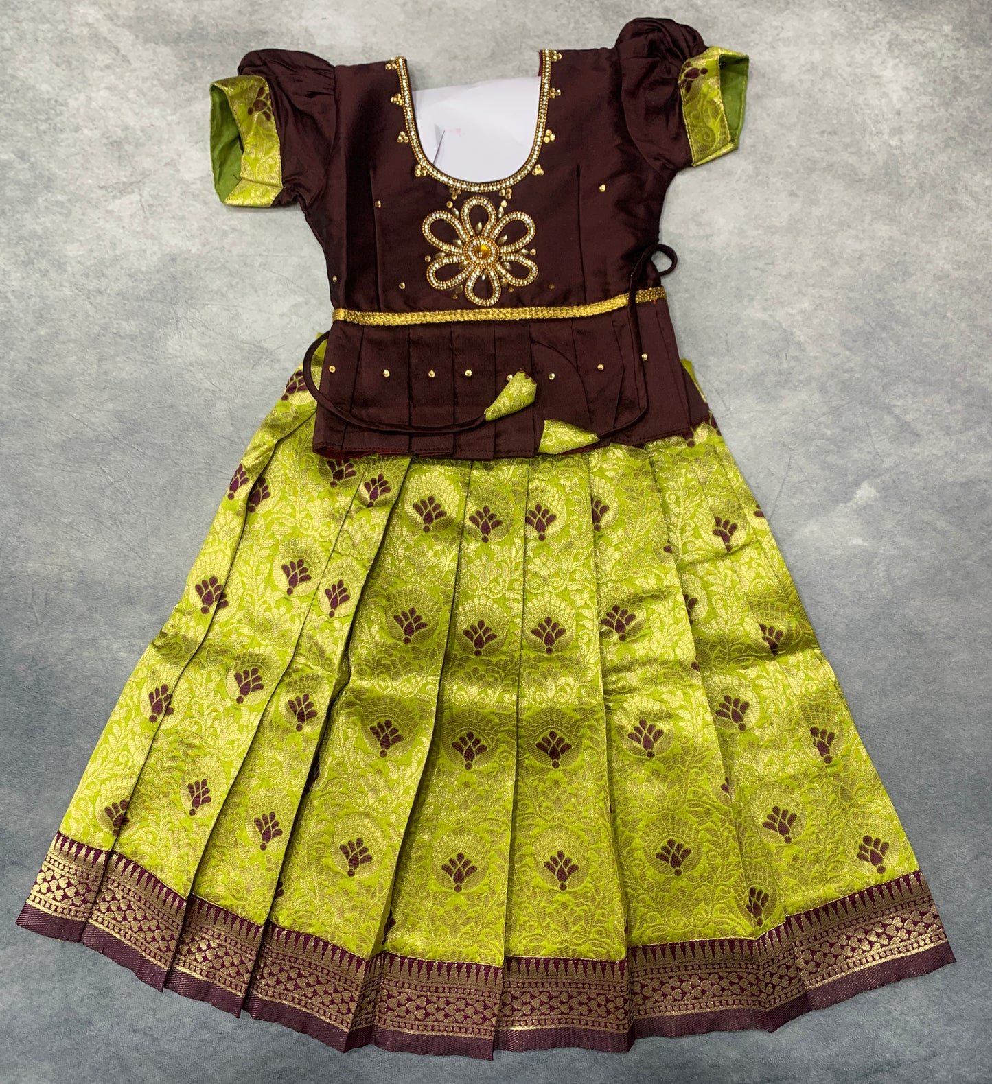 Ready To Wear Lime Green Pavadai with Contrast Brown Blouse