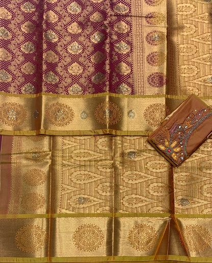 Bridal Vegan Silk Saree Maroon shade with Golden Yellow Border with Unstitched blouse in Aari Work