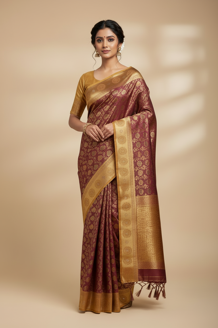 Bridal Vegan Silk Saree Maroon shade with Golden Yellow Border with Unstitched blouse in Aari Work
