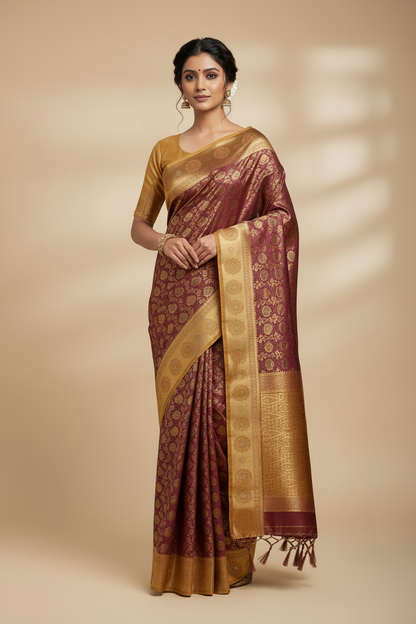 Bridal Vegan Silk Saree Maroon shade with Golden Yellow Border with Unstitched blouse in Aari Work