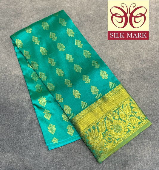Rama Green Shade Pure Kanchipuram Kids Pattu Pavadai with Contrast Border for Newborn to 2 Years