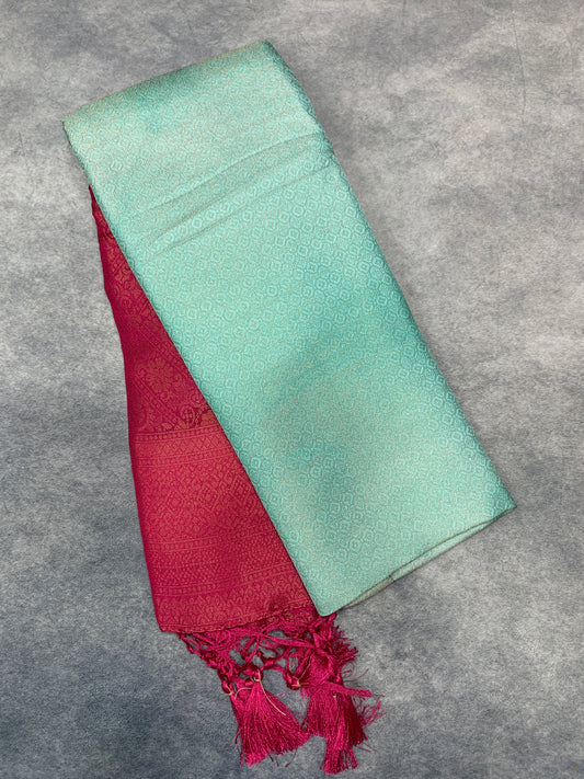 Soft Silk Saree Light Sapphire Colour with Pink Colour Pallu