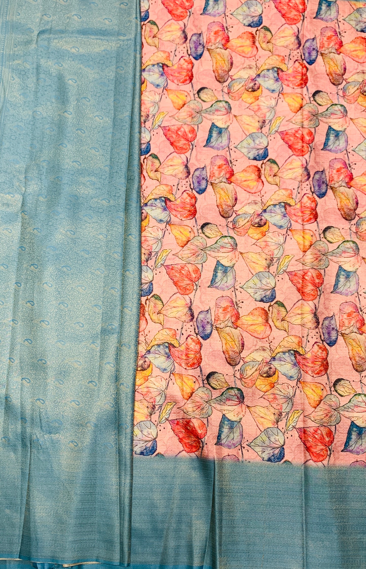 Digital Print Silk Saree Baby Pink Colour with Leaf Design