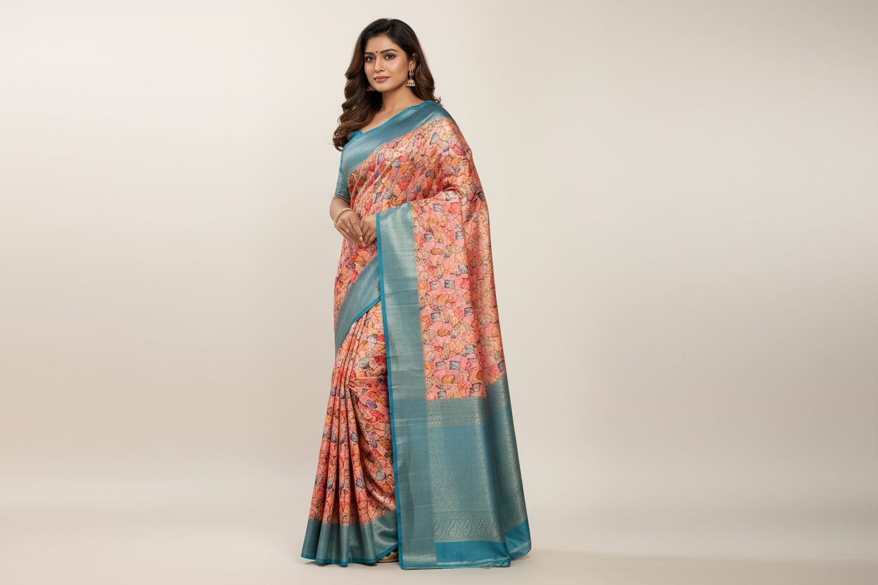 Digital Print Silk Saree Baby Pink Colour with Leaf Design