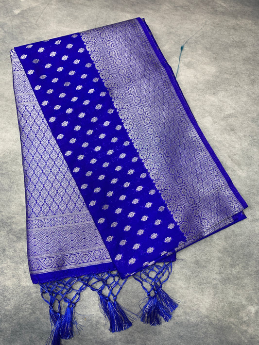Soft Silk Casual Saree Ink Blue Colour with Sliver Colour Border