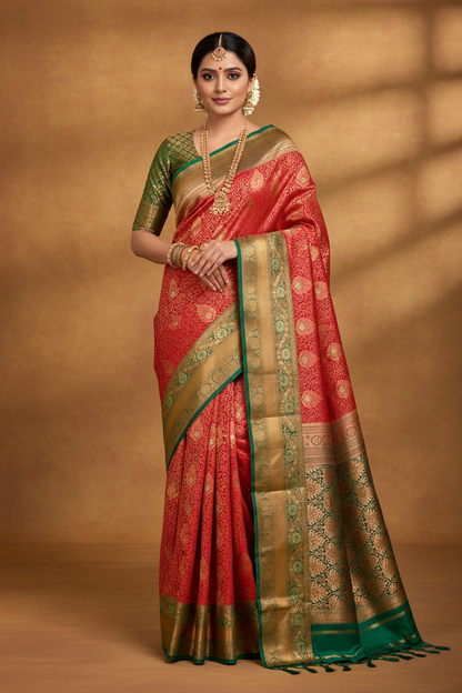 Vegan Silk Saree Pink shade with Green Border