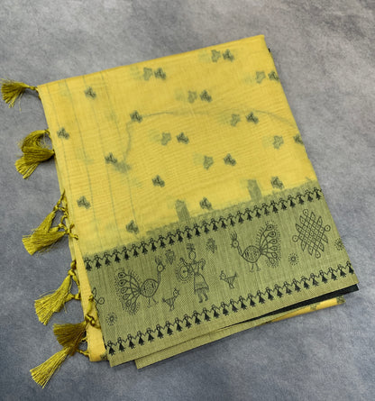 Banaras Katan Saree Yellow Colour with Katan Work Border