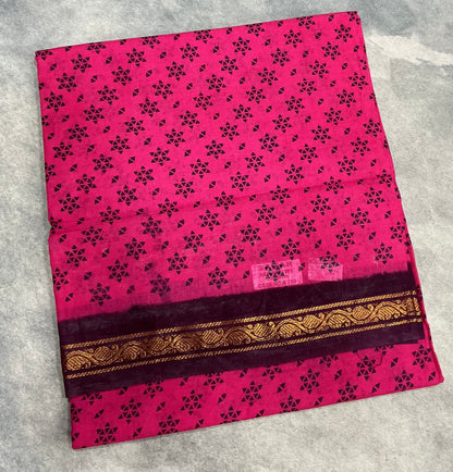Chettinad Sungudi Cotton Pink Colour with Brown Colour Border