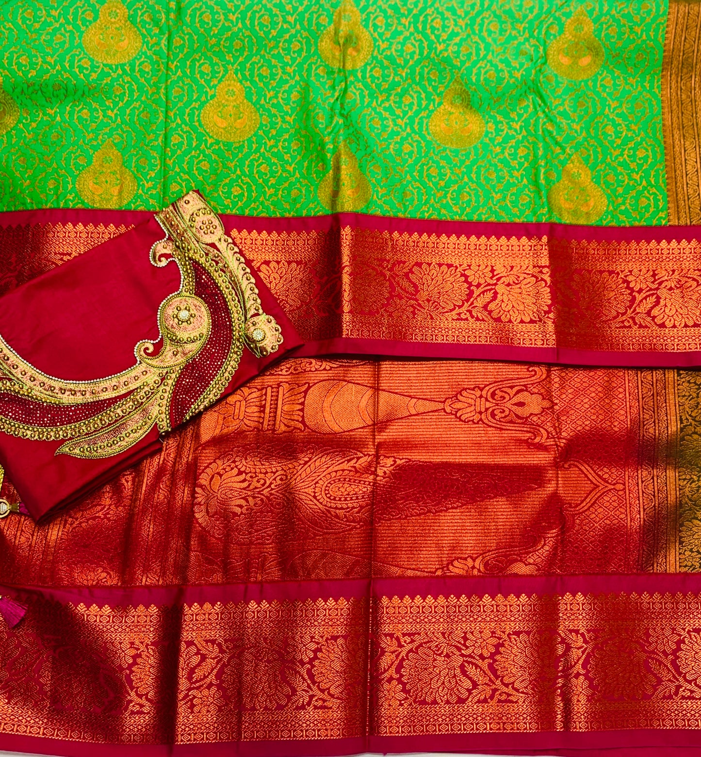 Bridal Vegan Silk Saree Apple Green shade with Pink Border with Unstitched blouse in Aari work