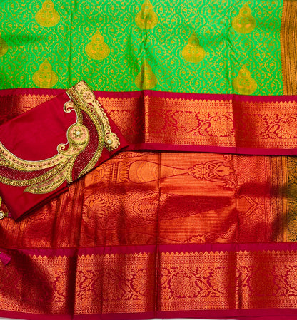 Bridal Vegan Silk Saree Apple Green shade with Pink Border with Unstitched blouse in Aari work