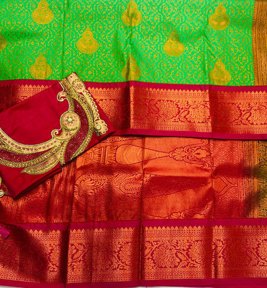 Bridal Vegan Silk Saree Apple Green shade with Pink Border with Unstitched blouse in Aari work