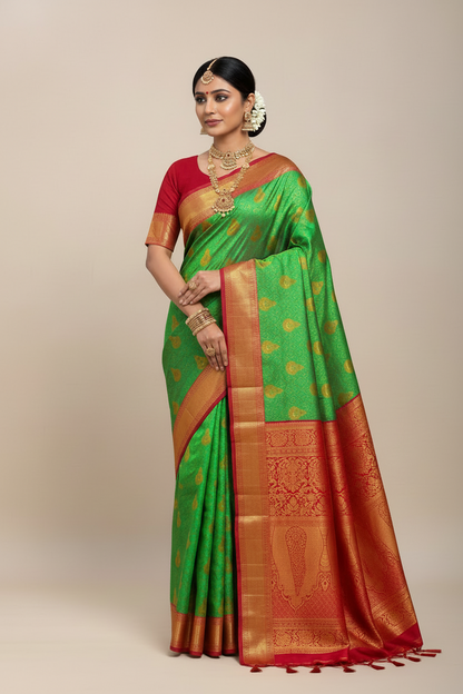 Bridal Vegan Silk Saree Apple Green shade with Pink Border with Unstitched blouse in Aari work