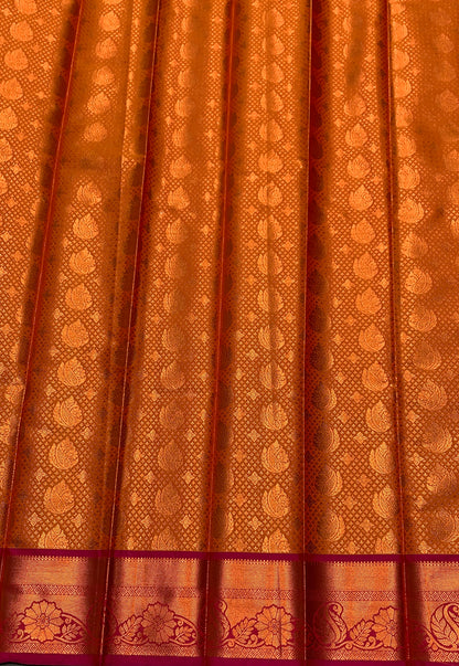 Vegan Silk Saree Golden Yellow Colour with Pink and Copper Border