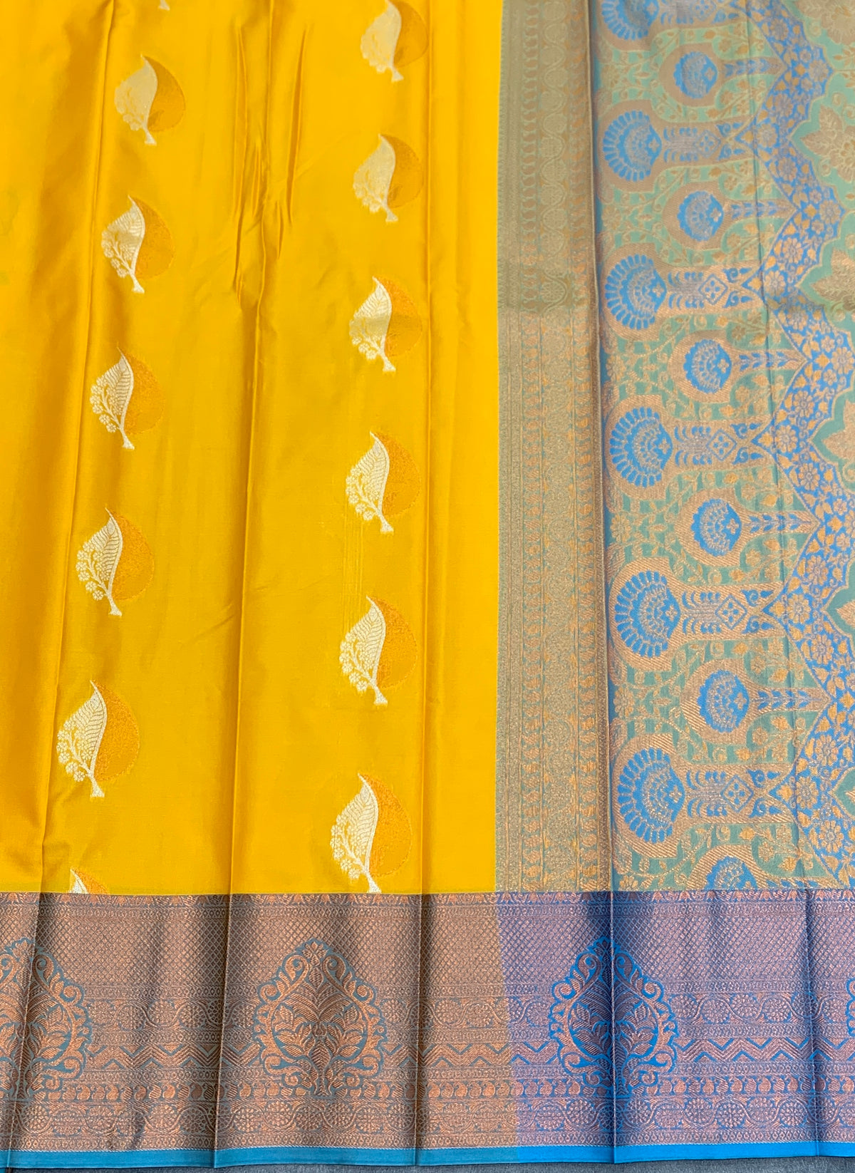 Soft Silk Casual Saree Yellow Colour with Sky Blue Colour Border