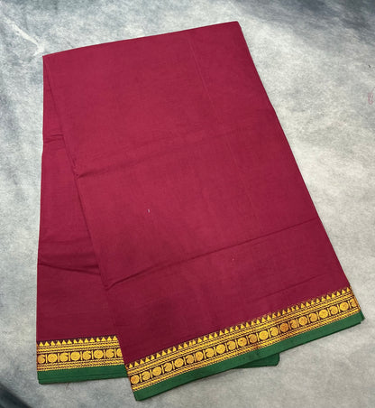 Chettinad Cotton Saree Maroon Colour with Green Colour with Thread Work Border