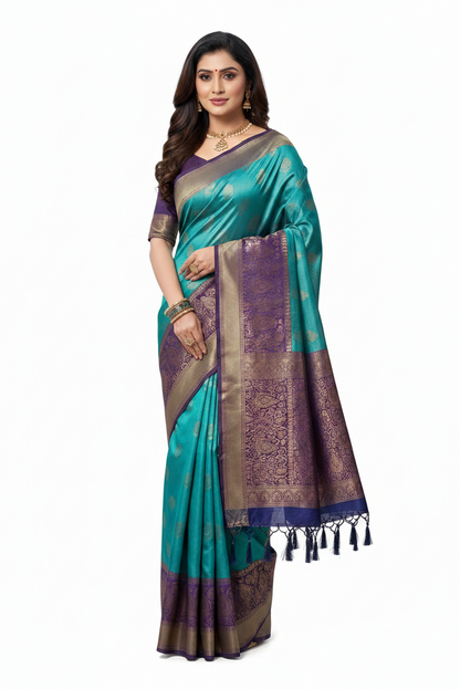Soft Silk Saree Sky Blue Colour with Navy Blue Pallu