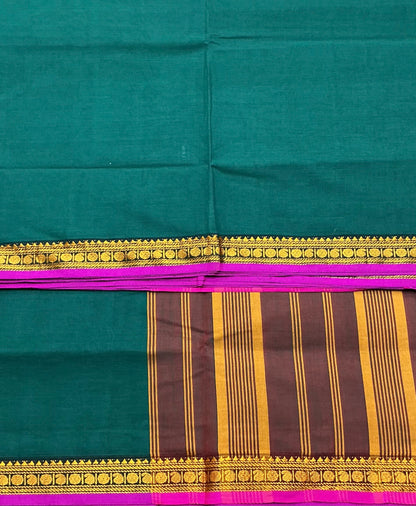 Chettinad Cotton Saree Rama Green Colour with Pink Colour with Thread Work Border
