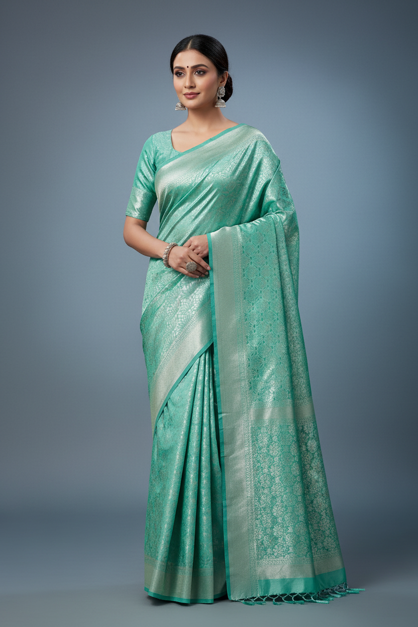 Fancy Tissue Saree Light Sapphire Colour with Self Design Border