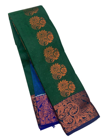 Vegan Silk Saree Green Colour with Copper and Blue Border