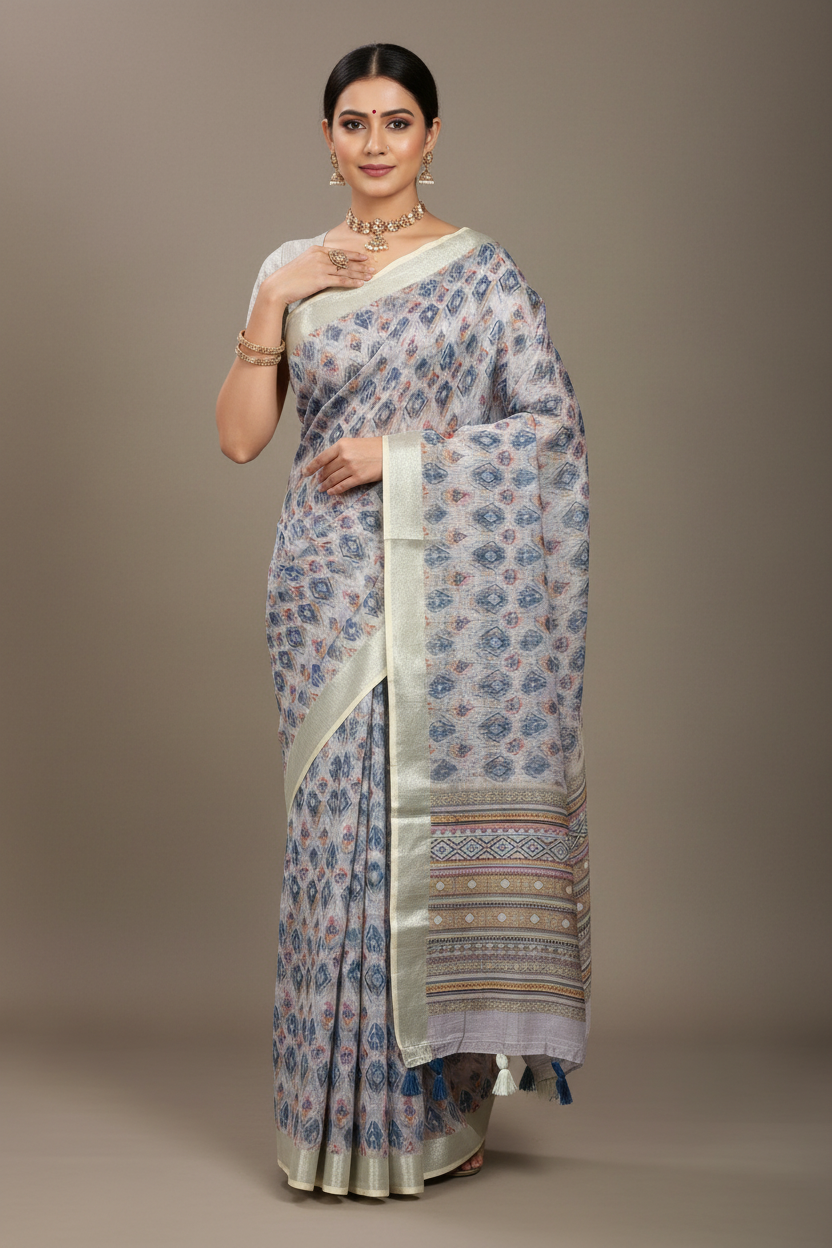 Jute Cotton Saree Light Off White Shade with Thread Border