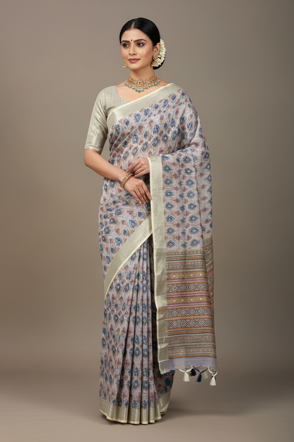 Jute Cotton Saree Light Off White Shade with Thread Border