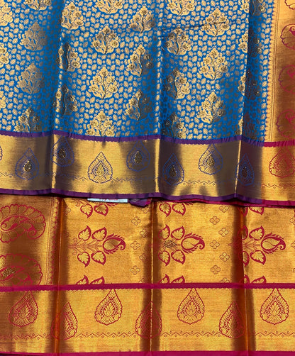 Vegan Silk Saree Sky Blue Colour with Copper and Magenta Border