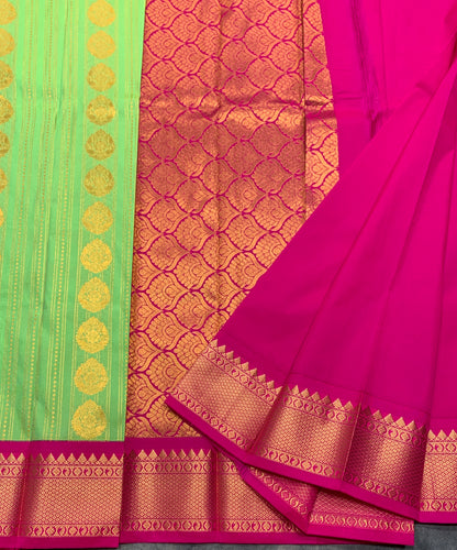 Vegan Silk Saree Pista Green Colour Saree with Pink Colour Contrast Border
