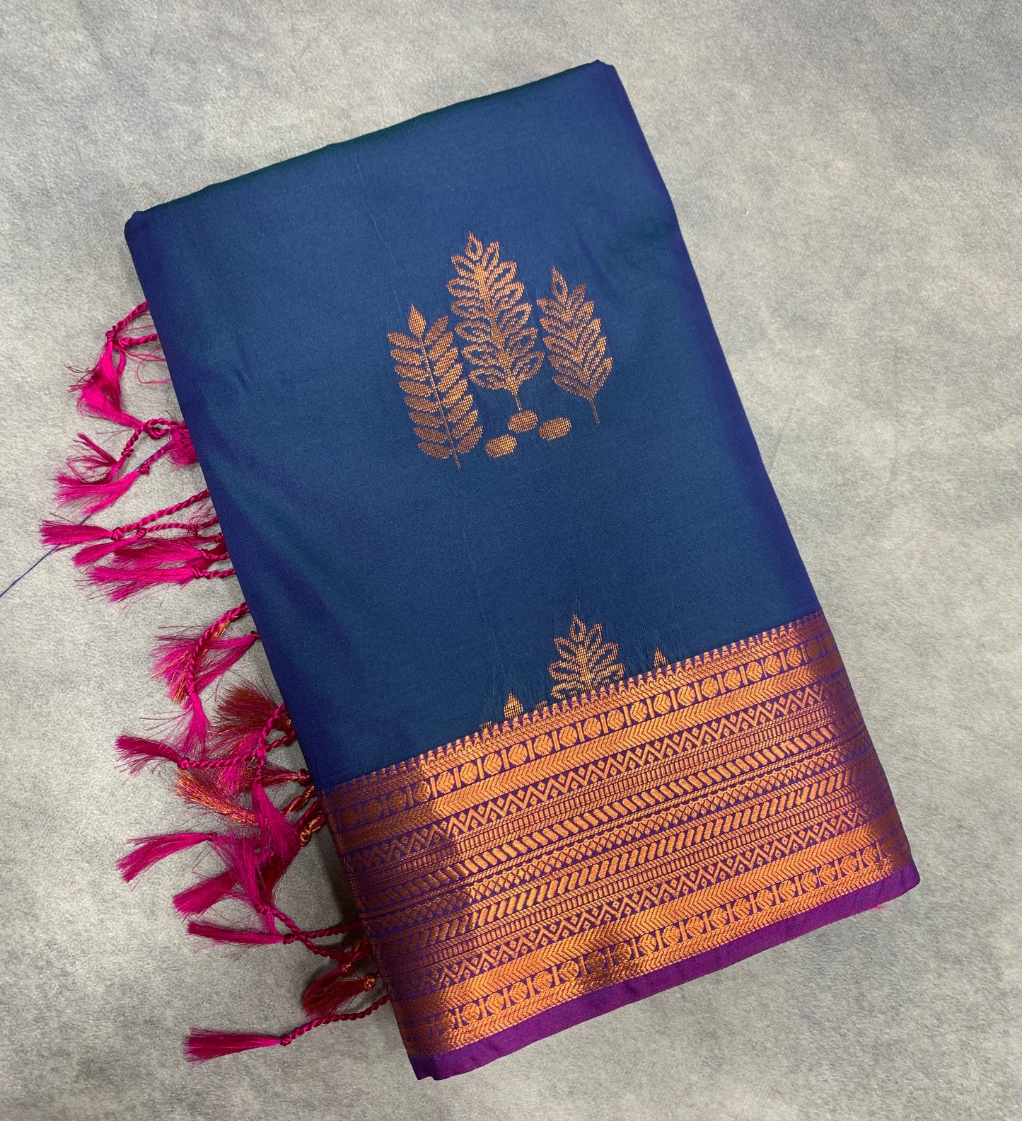 Soft Vegan Silk Saree Dark Blue Colour with Pink and Copper Border