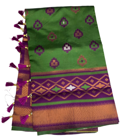 Pochampalli Semi Silk Saree Green Colour with Magenta Border