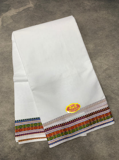 9X5 Cotton Dhoti White Colour with Red and Green Border