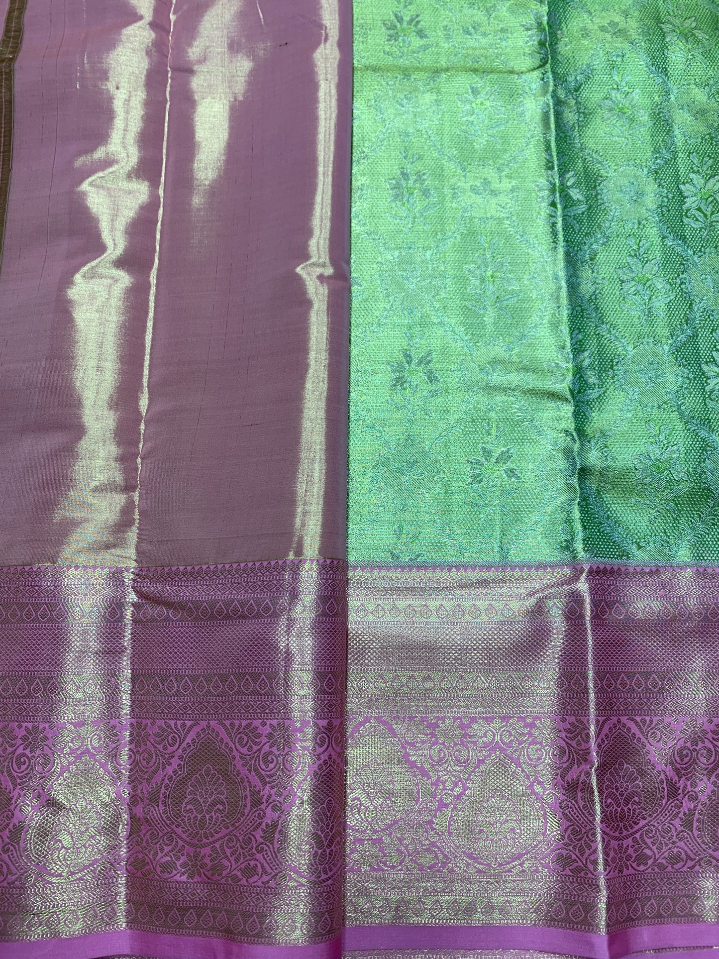Apple Green Colour Soft Kanchi Tissue Pattu Saree with Baby Pink border
