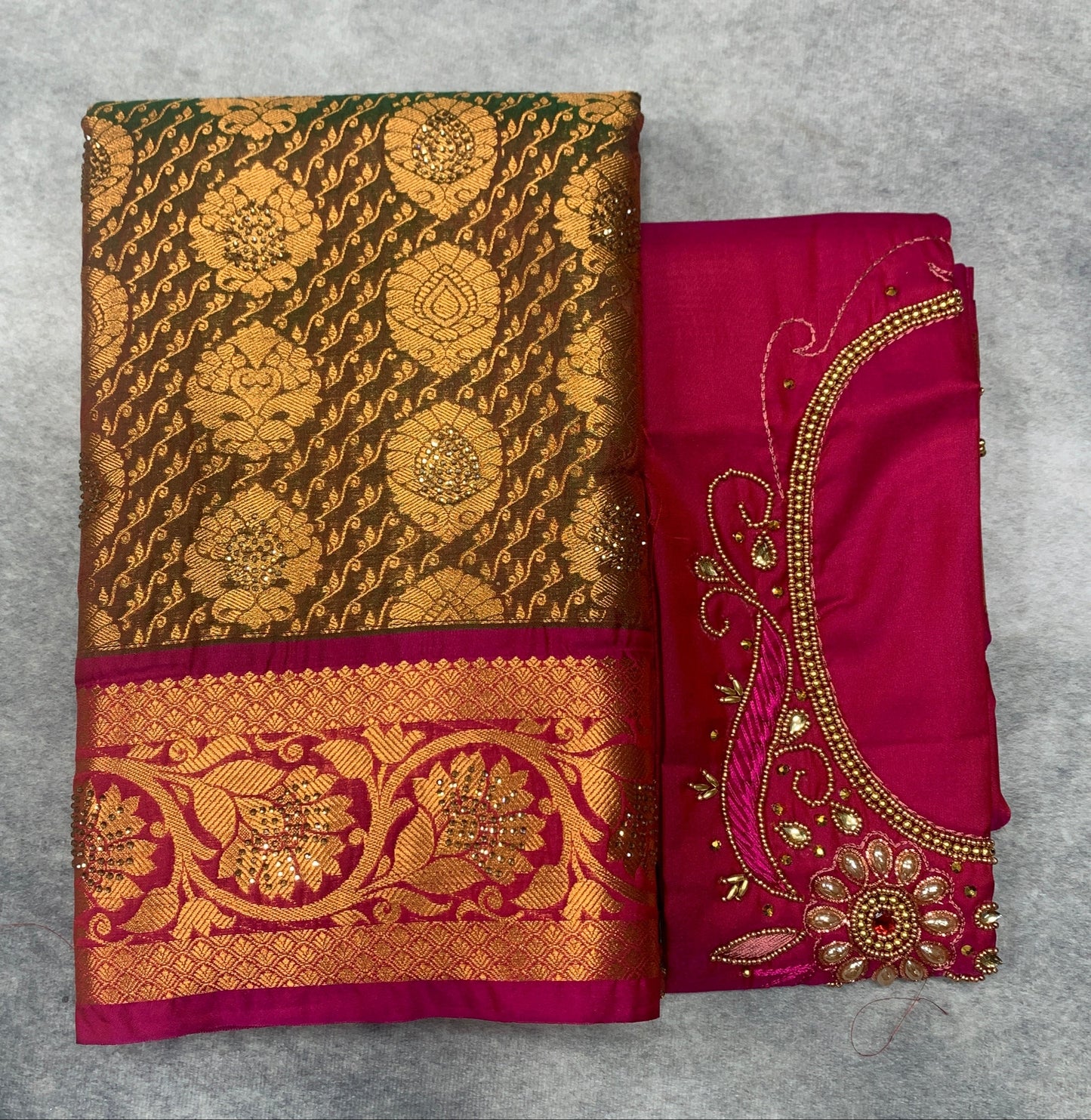 Bridal Vegan Silk Saree Olive Green shade with Pink Border with Unstitched blouse in Aari Work
