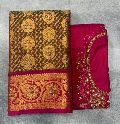 Bridal Vegan Silk Saree Olive Green shade with Pink Border with Unstitched blouse in Aari Work