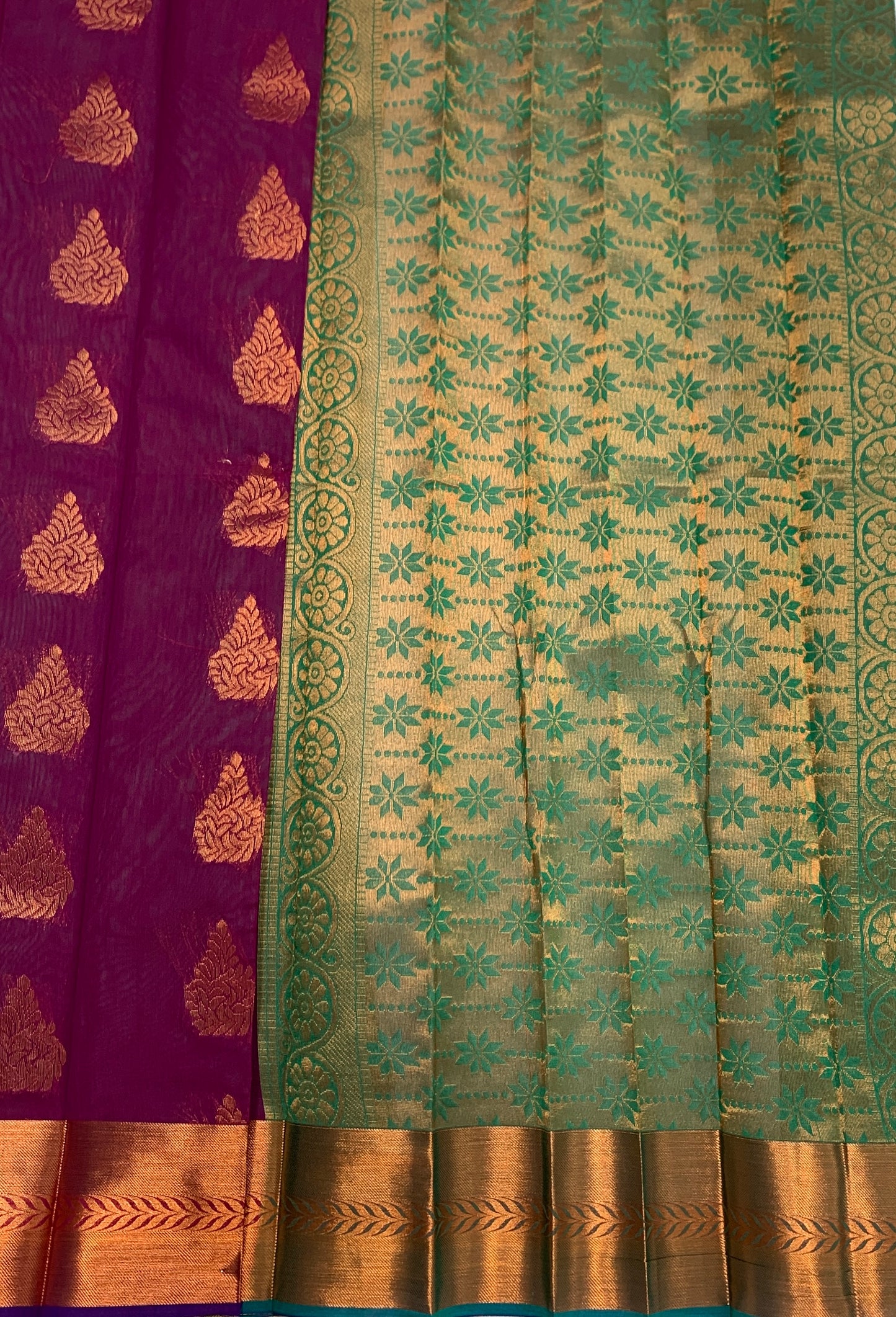 Magenta Shade Silk Cotton Saree with Copper Zari Border