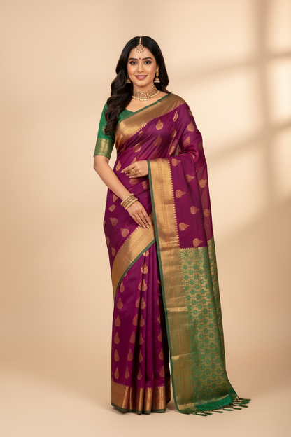 Magenta Shade Silk Cotton Saree with Copper Zari Border