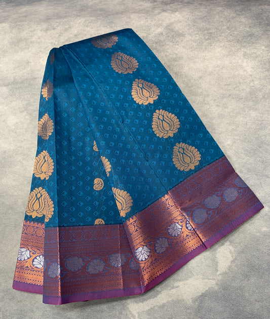 Vegan Silk Saree Sky Blue Colour Saree with Copper Border