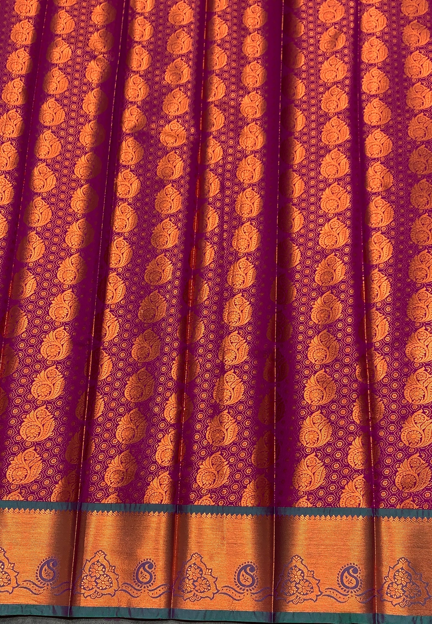 Vegan Silk Saree Magenta Colour with Green and Copper Border