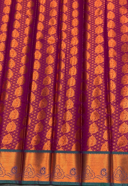 Vegan Silk Saree Magenta Colour with Green and Copper Border
