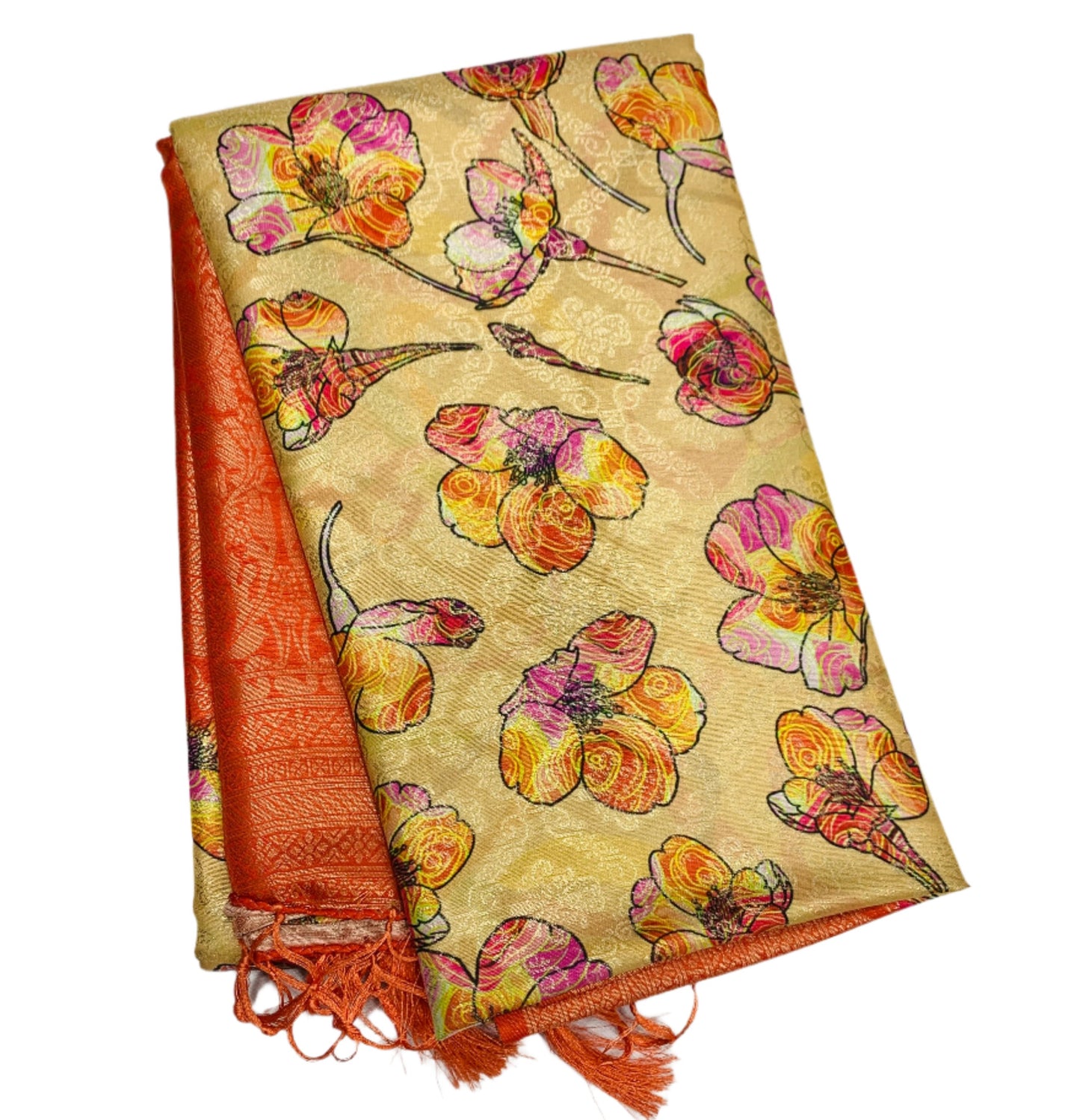 Digital Print Silk Saree Orange Colour with Floral Pattern