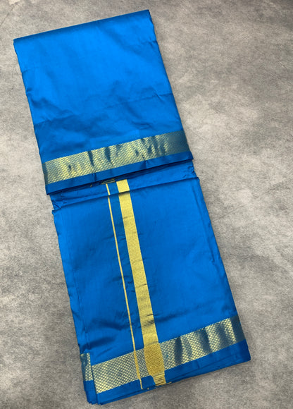 9X5 Pure Silk Dhoti Sky Blue with Golden Zari Border