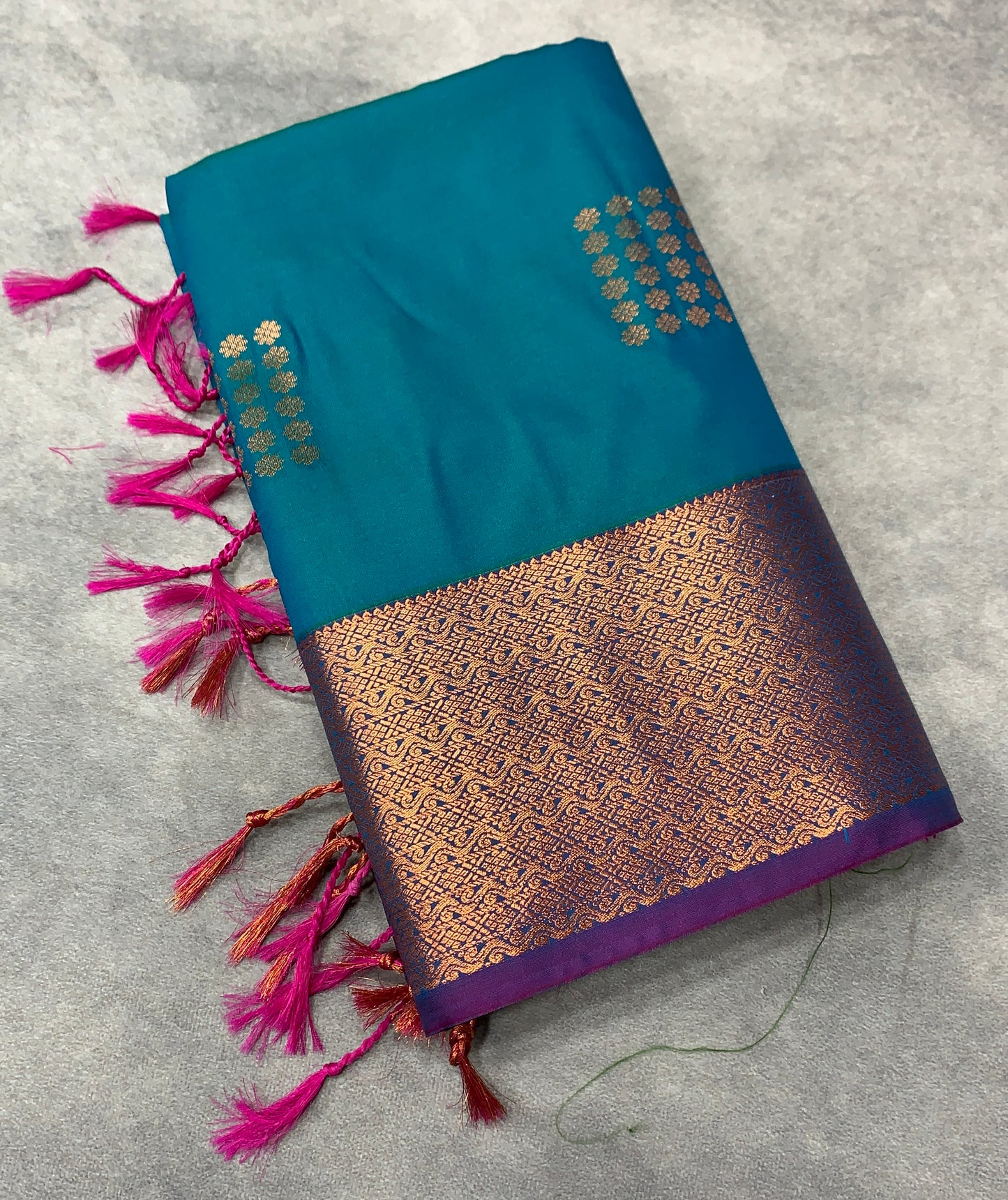 Soft Vegan Silk Saree Peacock Green Colour with Purple and Copper Border