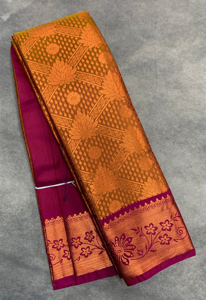Vegan Silk Saree Golden Yellow Colour with Pink and Copper Border