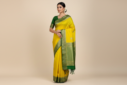 Crepe Saree Lemon Yellow Colour with Green Border